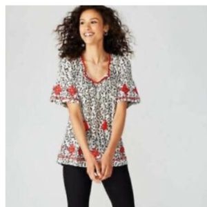 J.Jill | Embroidered Floral Tassel Top Cotton Size L